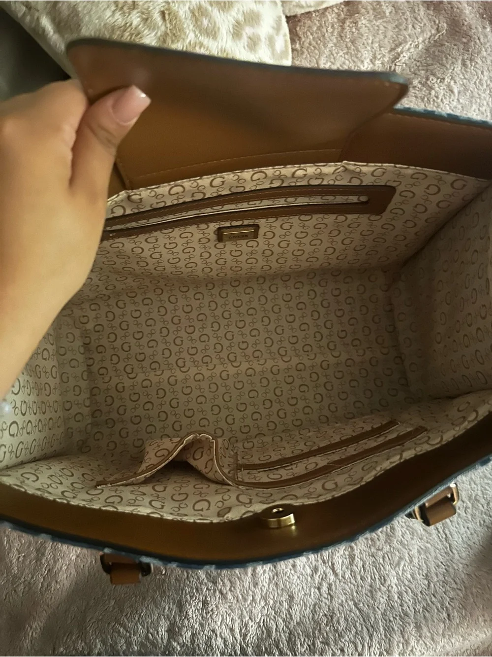 GUESS Blue Monogram Tote with Brown Trim and Gold Logo